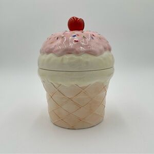 Ceramic Vanilla Cake Ice Cream Cone Cookie Jar Sprinkles & Cherry Lid Top 9.5"